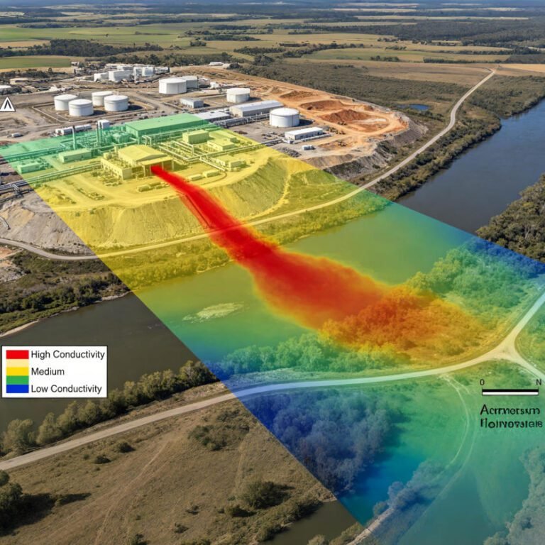 Electromagnetic survey conductivity map showing environmental contamination plume boundaries at industrial site