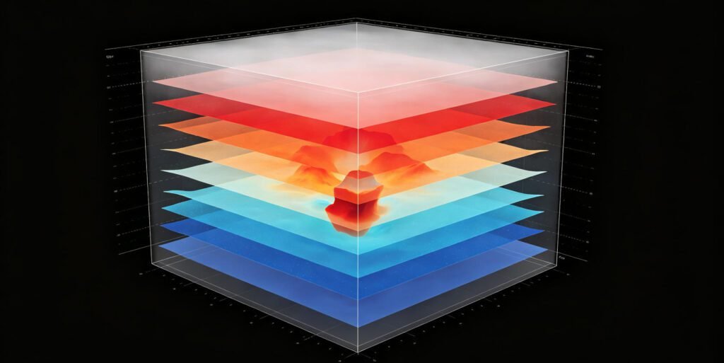 3D electromagnetic conductivity inversion model showing subsurface geological layers and conductive anomalies