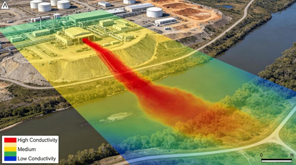 Electromagnetic survey conductivity map showing environmental contamination plume boundaries at industrial site