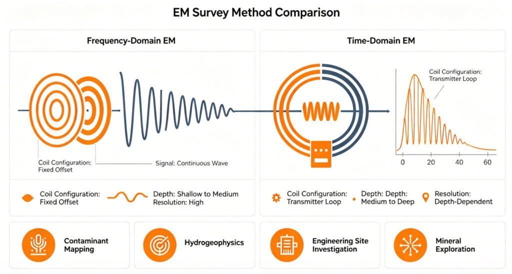 Comparison chart of frequency-domain EM and time-domain EM methods showing depth and resolution differences