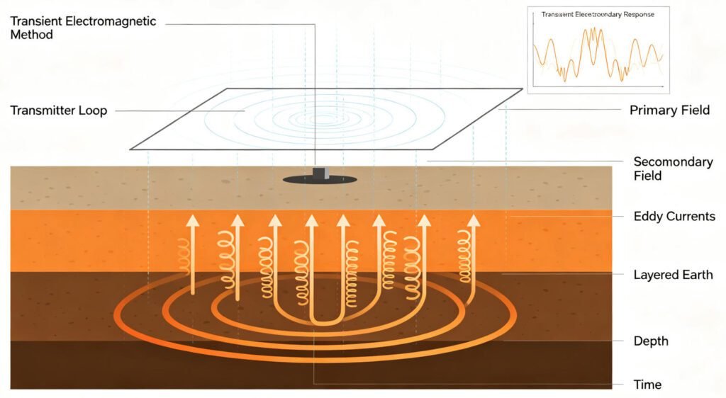 Technical diagram showing transient electromagnetic TEM depth sounding principle with current pulse and decay curve