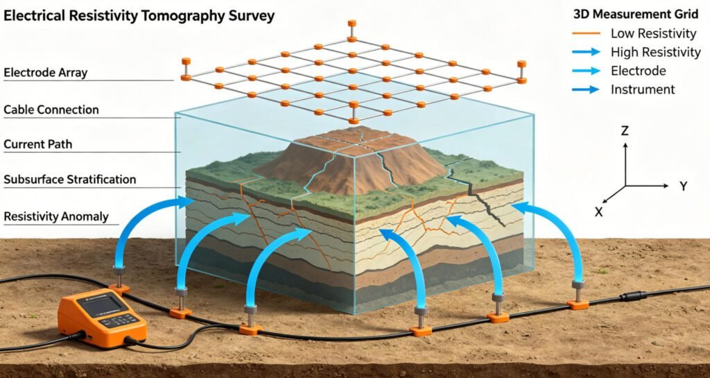 Diagram comparing 2D and 3D electrical resistivity tomography electrode configurations for geophysical surveys