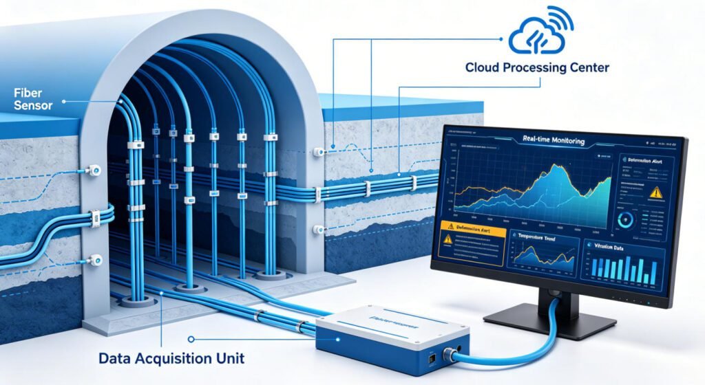 Distributed fiber optic underground monitoring and early warning system technical schematic showing fiber deployment, data acquisition and cloud-based alert workflow