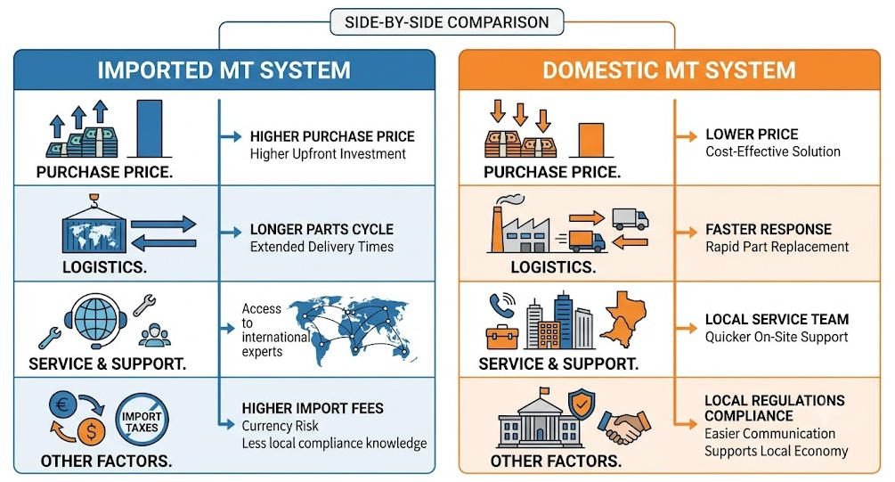 MT survey instrument cost comparison imported vs domestic total ownership