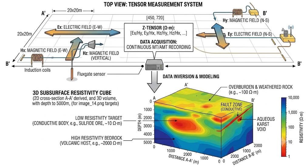 MT survey instrument tensor measurement and 3D resistivity inversion visualization