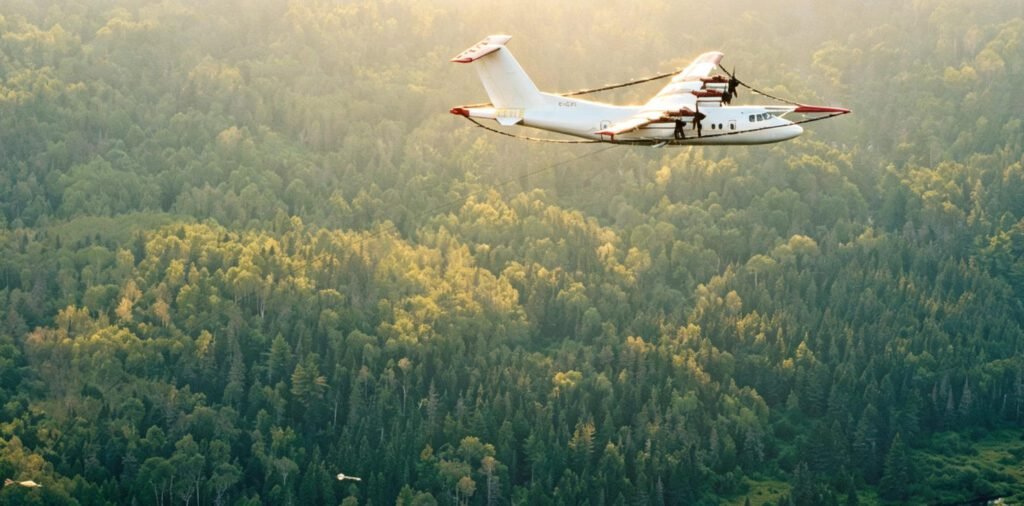 Fixed-wing aircraft conducting airborne electromagnetic (AEM) survey over dense forest and river, towing transmitter loop for mineral exploration and subsurface mapping.