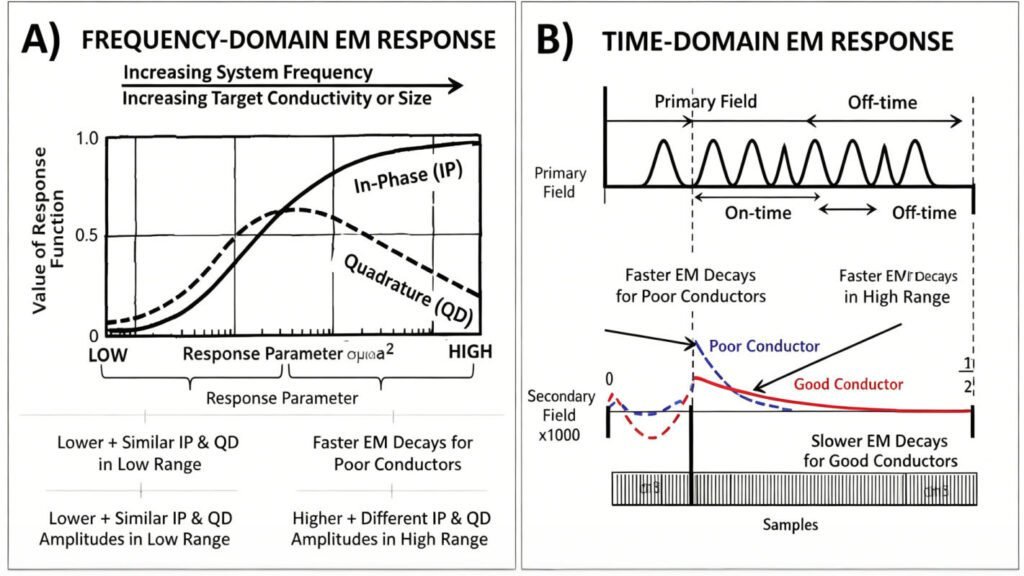 Comparison chart showing Frequency-Domain (FEM) In-phase/Quadrature response curves and Time-Domain (TEM) secondary field decay rates for good vs poor conductors.