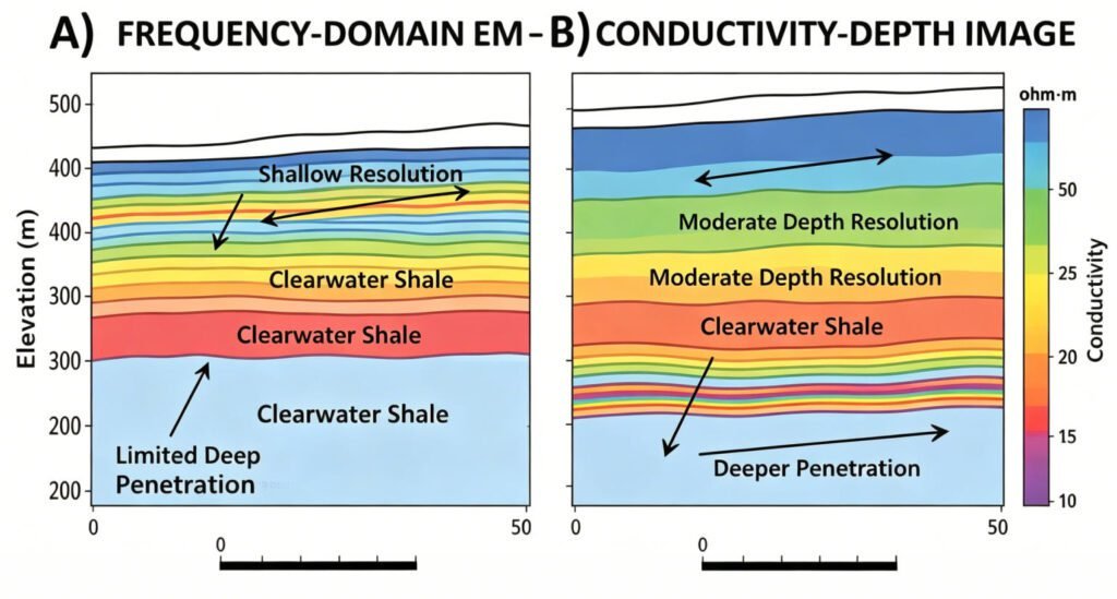 Cross-section diagrams illustrating the trade-off between resolution and penetration in AEM systems: FEM provides detail near surface while TEM detects deeper conductive shale layers.
