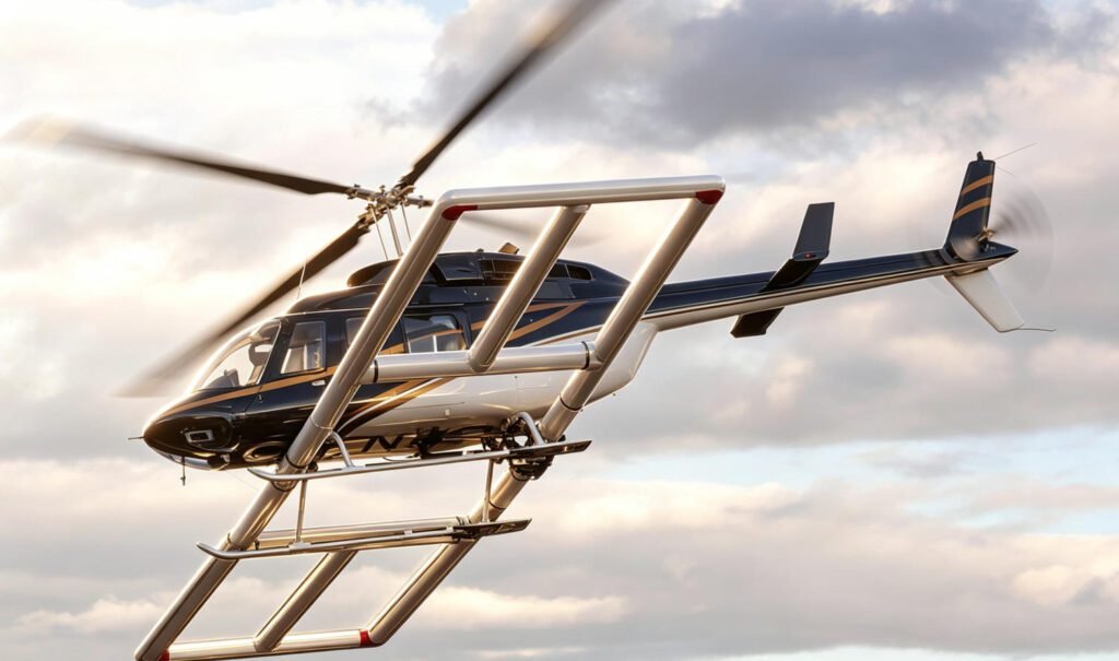 Bell 206 LongRanger helicopter (registration CFNHG) flying with geophysical survey equipment mounted beneath, used for airborne electromagnetic (AEM) mineral exploration in cloudy sky conditions.