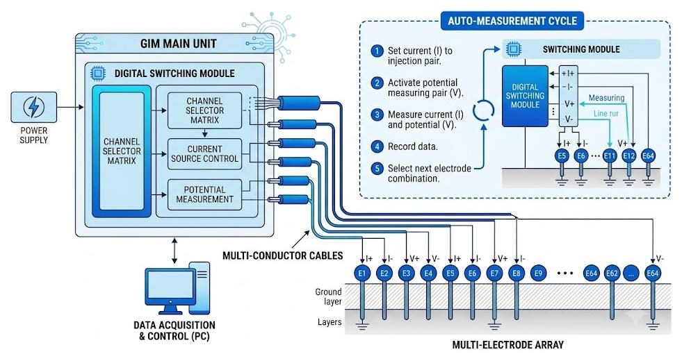 Intelligent automatic electrode switching workflow of GIM Series DC ERT resistivity imaging system