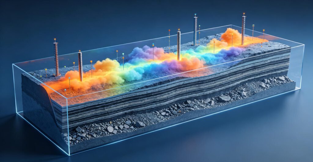 3D geological model of graphite orebodies showing stratiform distribution with IP anomaly zones and drill hole verification points