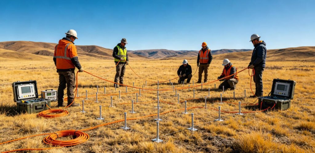 Geophysical survey team deploying IP gradient array and AMT equipment in plateau-hilly terrain for graphite exploration