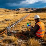 Geophysical exploration team conducting multi-method IP and AMT survey for graphite mineral prospecting in plateau-hilly terrain