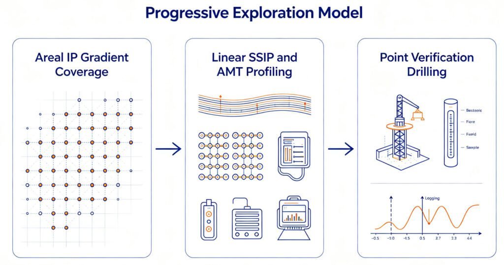 Three-stage progressive exploration model diagram showing areal IP gradient coverage, linear SSIP/AMT profiling, and point verification drilling