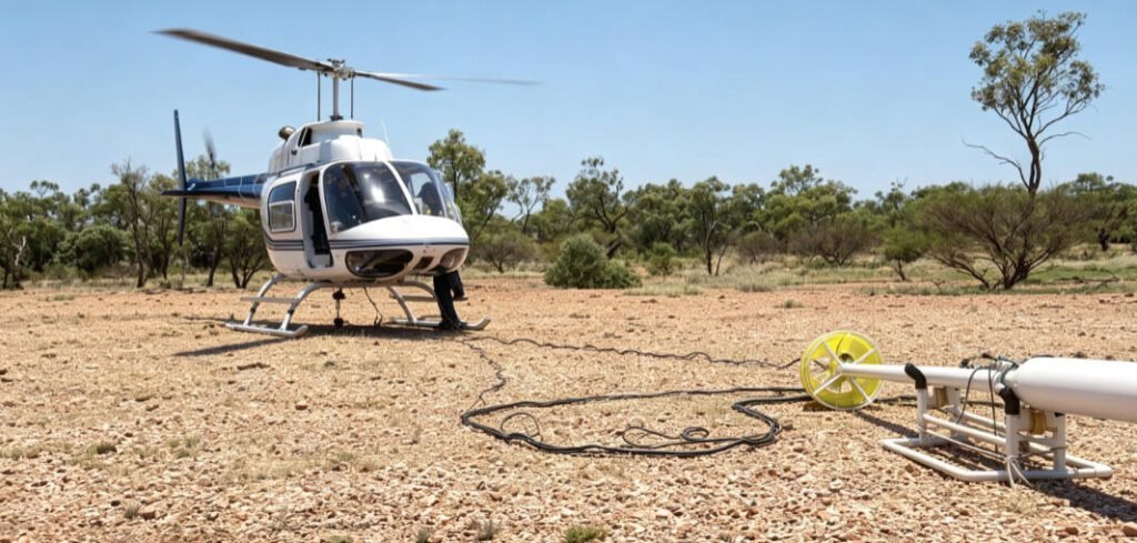 Helicopter parked on arid terrain with airborne electromagnetic (AEM) transmitter coil system deployed on ground, connected by cable for subsurface mineral or groundwater exploration.