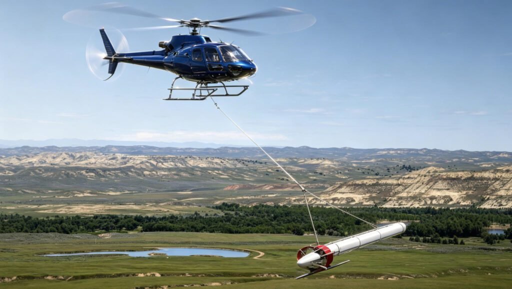 Helicopter conducting airborne magnetic survey over hilly terrain, towing a long white magnetometer bird sensor to detect subsurface mineral deposits.