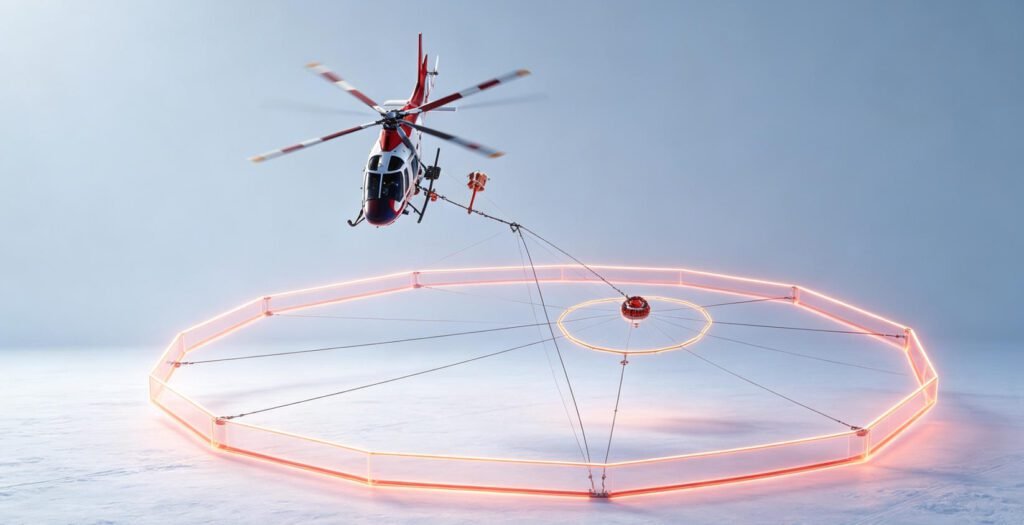 Red and white survey helicopter dragging a geophysical sensor loop cable over snow for underground resource detection.