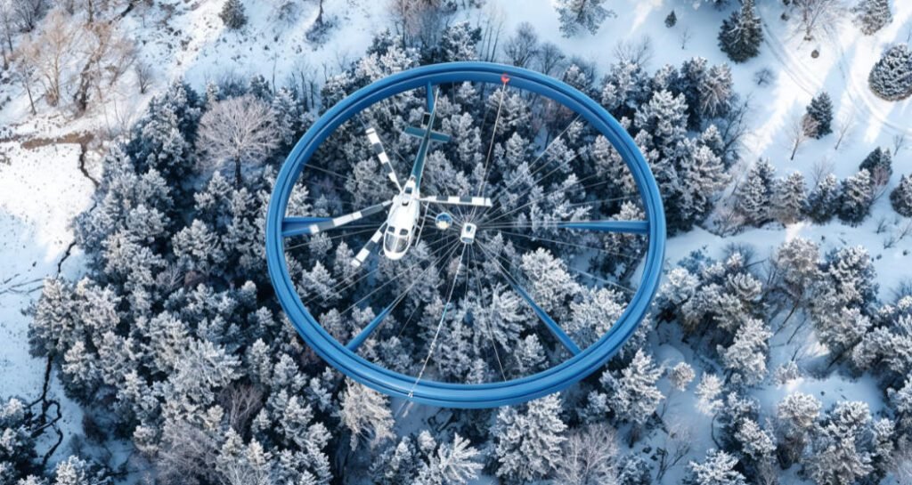 Top-down view of CGG HELITEM helicopter conducting airborne electromagnetic survey over snowy forest, towing circular transmitter loop for subsurface mineral exploration.