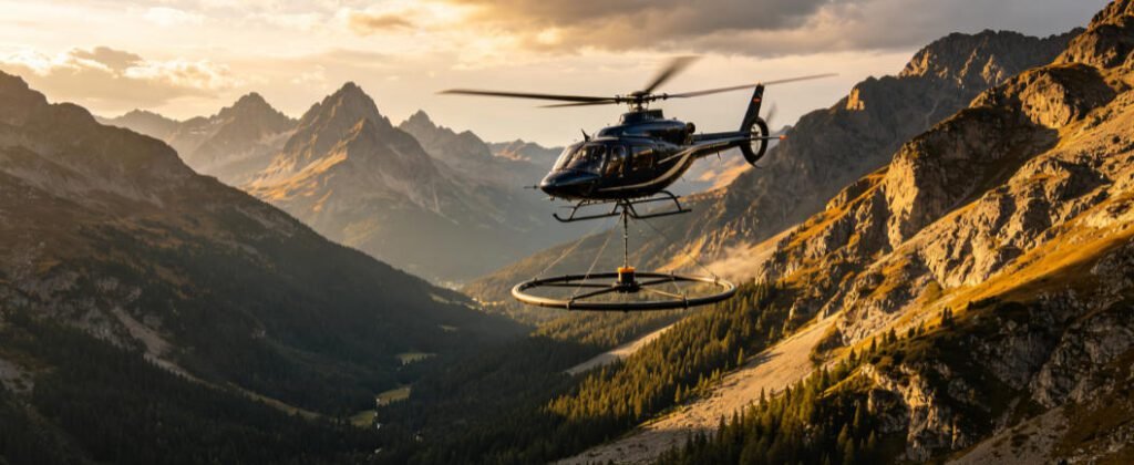 Helicopter TEM system conducting airborne electromagnetic survey in complex mountainous terrain