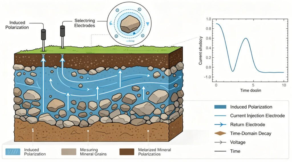 Technical diagram explaining induced polarization chargeability measurement principle in geophysical exploration
