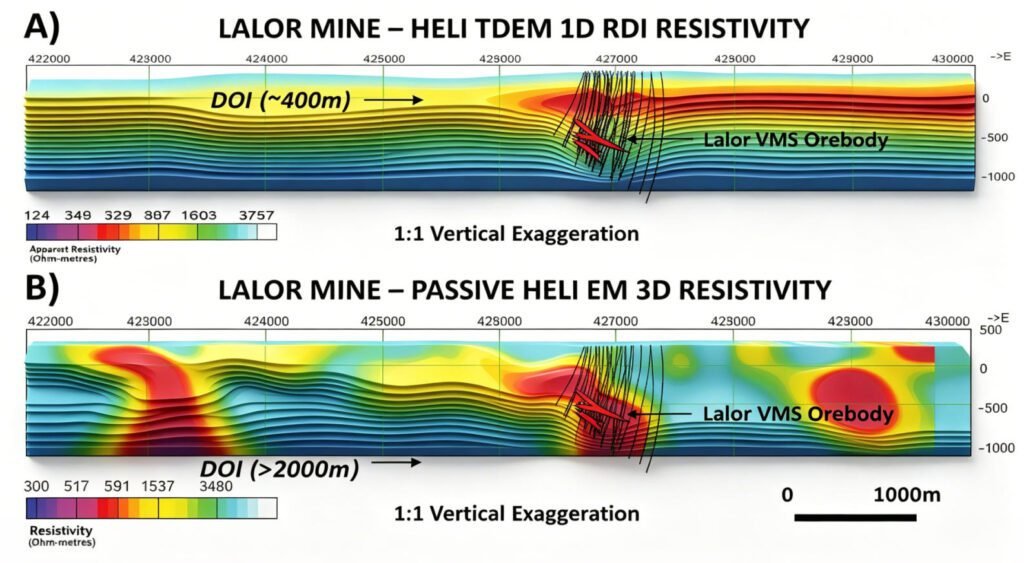 Geophysical survey results at Lalor Mine comparing shallow Heli TDEM imaging against deep-penetrating Passive Heli EM 3D resistivity models for VMS ore exploration.