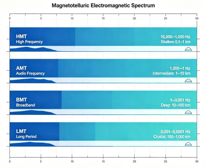 A clean scientific infographic showing the electromagnetic frequency spectrum for magnetotelluric methods.