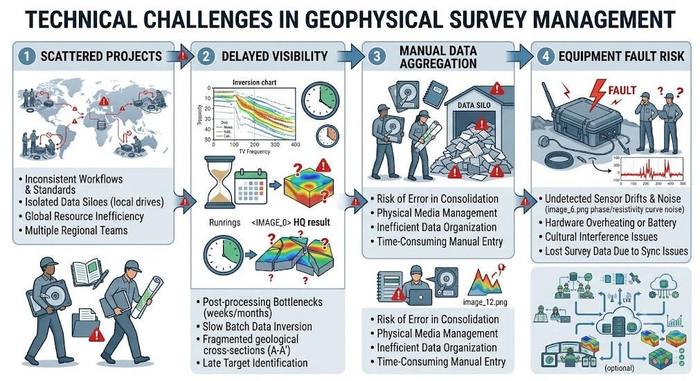 Multi-project geophysical management pain points with scattered field teams, delayed reports, and manual data aggregation