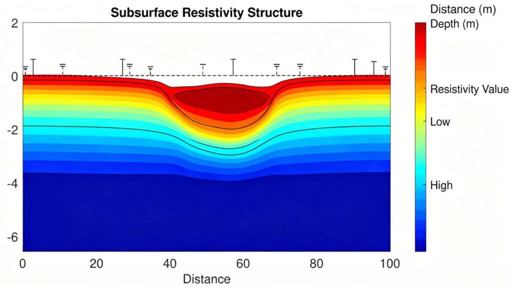 ERT resistivity inversion cross-section showing subsurface geological layers and groundwater zones