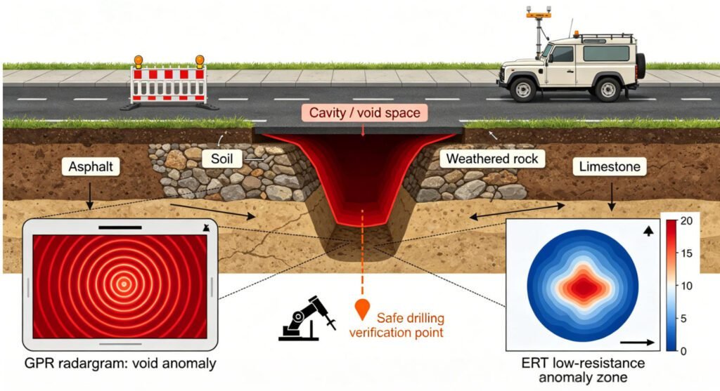 Urban road cavity integrated geophysical detection solution cross-section diagram showing GPR and ERT data fusion for underground void verification