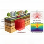 Shallow underground space detection system schematic showing 0-200m multi-method joint detection workflow and urban subsurface structure profile
