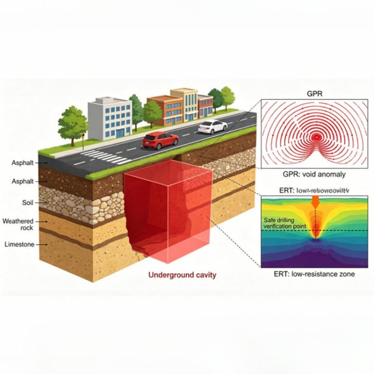 Shallow underground space detection system schematic showing 0-200m multi-method joint detection workflow and urban subsurface structure profile