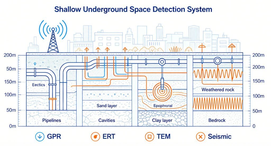 Shallow underground space detection system schematic showing 0-200m multi-method joint detection workflow and urban subsurface structure profile