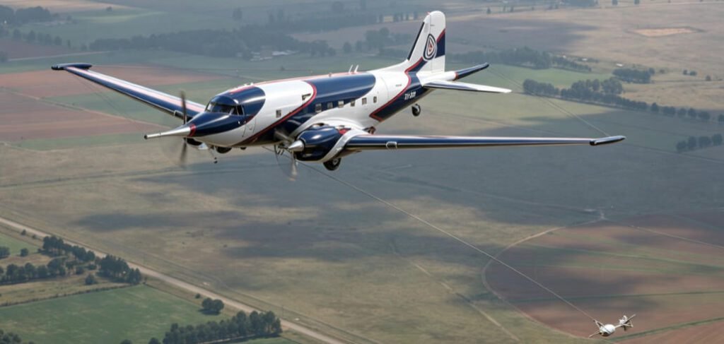 Fixed-wing aircraft conducting airborne electromagnetic (AEM) survey over agricultural fields, towing large polygonal transmitter loop for subsurface mineral exploration.