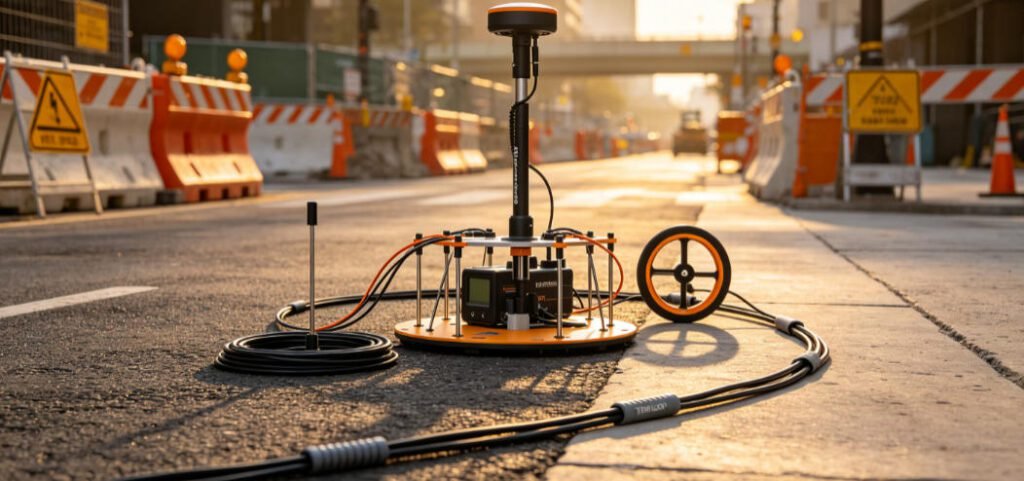 Urban geophysical exploration equipment fieldwork photography showing GPR, ERT, TEM and seismic geophone combined detection configuration