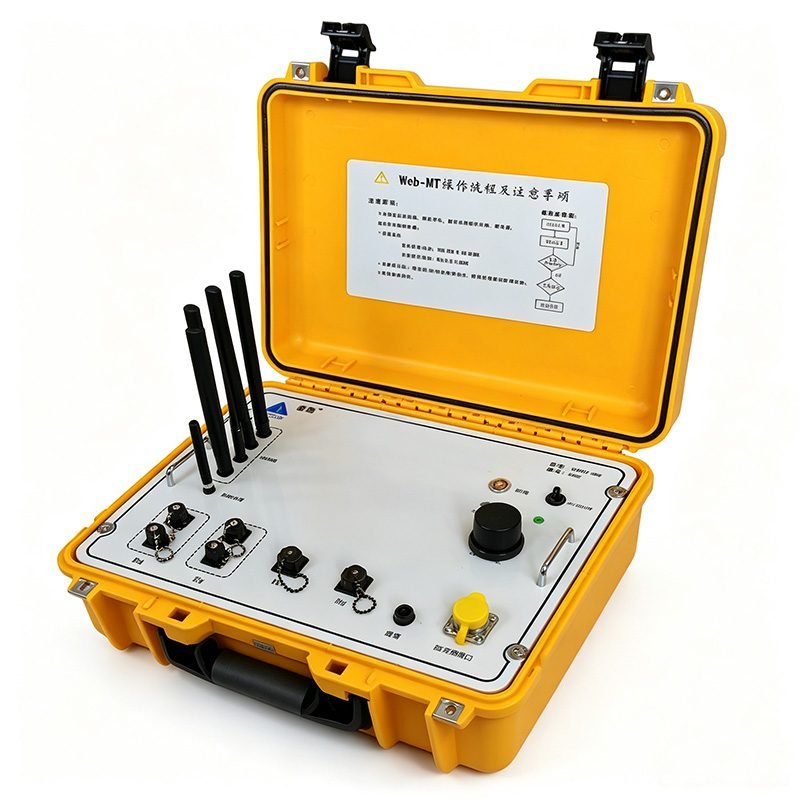 Web-MT magnetotelluric instrument in a rugged yellow case, featuring four wireless antennas for remote data transmission, control knobs, and connection ports for geophysical resistivity surveys.