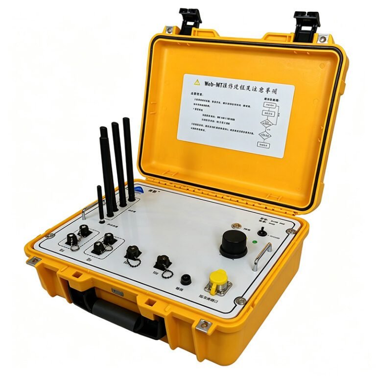 Web-MT magnetotelluric instrument in a rugged yellow case, featuring four wireless antennas for remote data transmission, control knobs, and connection ports for geophysical resistivity surveys.