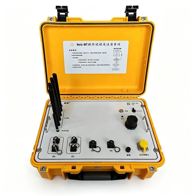 Web-MT magnetotelluric instrument in a rugged yellow case, featuring four wireless antennas for remote data transmission, control knobs, and connection ports for geophysical resistivity surveys.