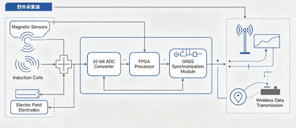 A technical schematic diagram of a wideband MT instrument system architecture.