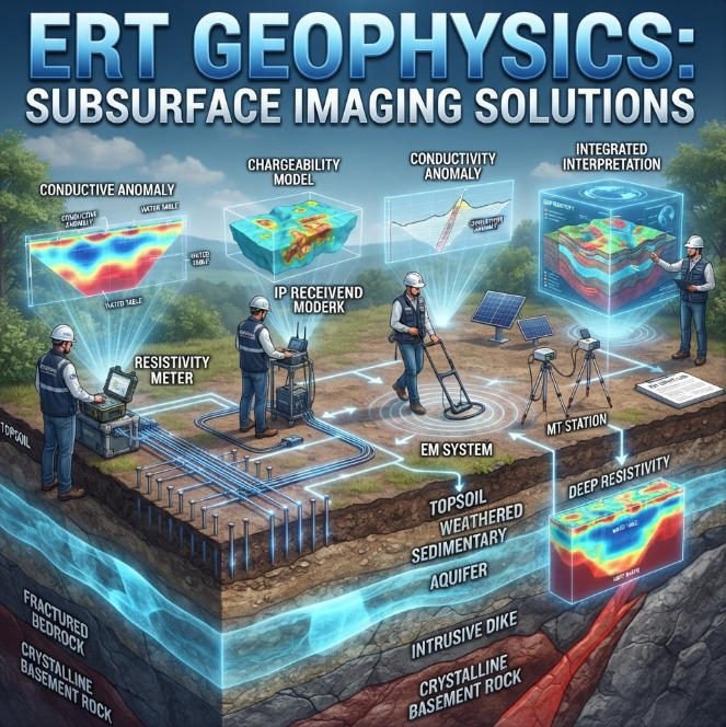 ERT Geophysics survey guide: 3D rendered infographic of geophysical field instruments, subsurface geological layering, and integrated data interpretation models.