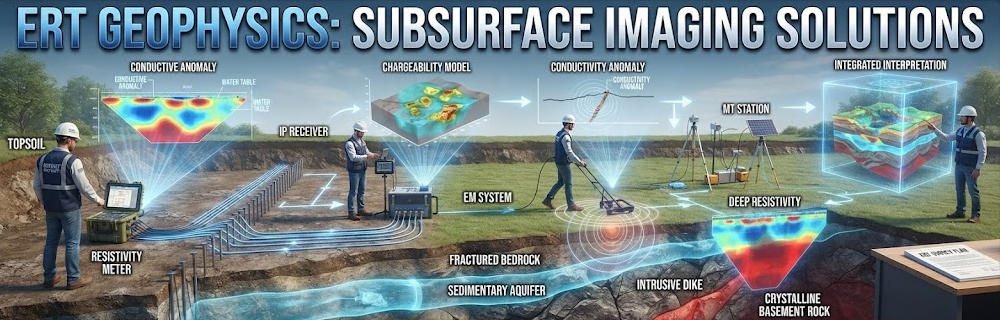 ERT Geophysics subsurface imaging solutions: 3D geophysical survey workflow illustration showing instrument setup, data acquisition, and geological interpretation.