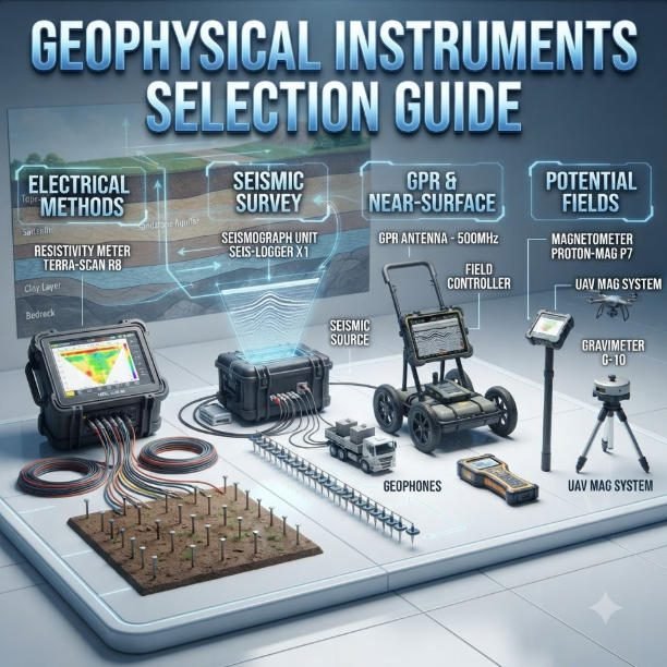Panoramic 3D banner of a geophysical instruments selection guide displaying a complete range of subsurface exploration hardware.
