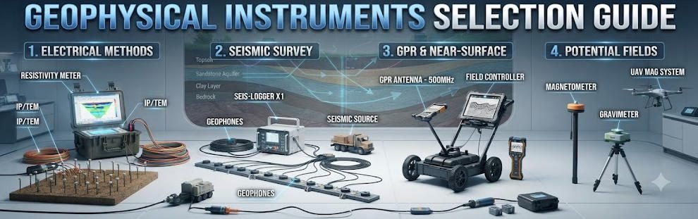 Geophysical instruments selection guide banner featuring 3D models of electrical resistivity, seismic, GPR, and potential field survey equipment.