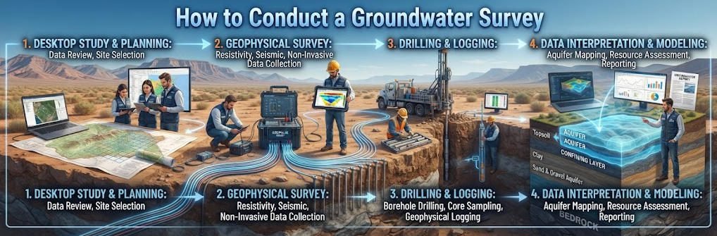 Diagram illustrating the end-to-end process of groundwater resource exploration: covering everything from desktop studies, geophysical exploration, and drilling/well logging to data modeling and the preparation of hydrogeological reports.