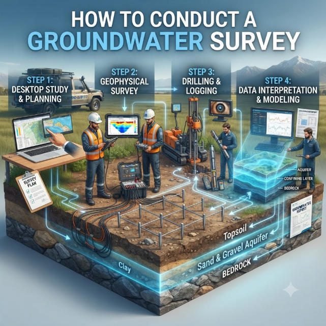 Illustrated technical workflow for professional hydrogeological surveys: integrating resistivity and seismic exploration, core sampling, and geophysical logging to ultimately generate 3D aquifer models and resource assessment reports.