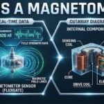 Technical wide banner detailing magnetometer definition, internal core and coil structure, real-time data output, and multidisciplinary applications.