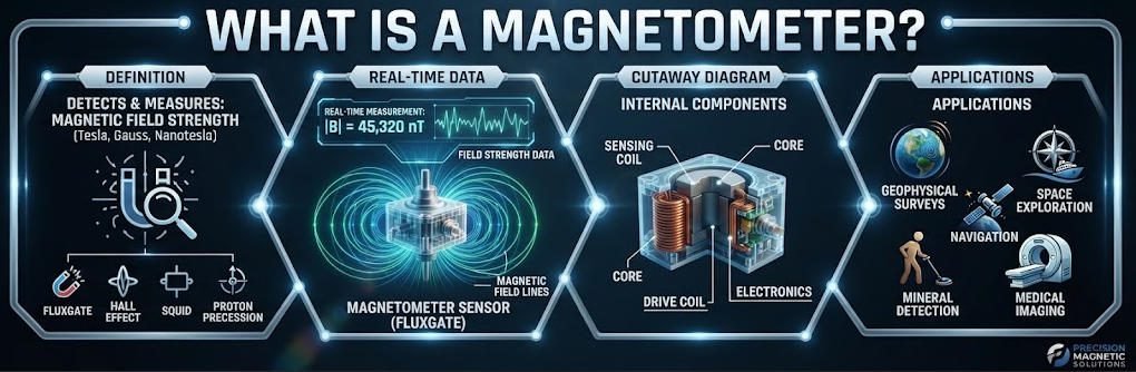 Square educational diagram explaining magnetometer principles, internal fluxgate sensor components, and applications in measuring magnetic fields.