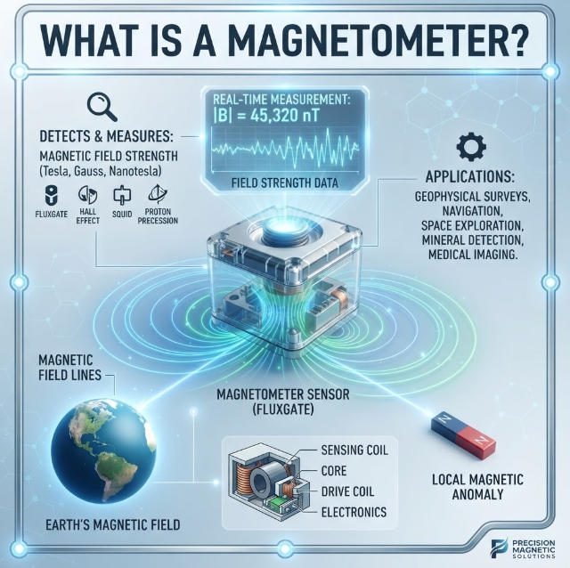 Square educational diagram explaining magnetometer principles, internal fluxgate sensor components, and applications in measuring magnetic fields.