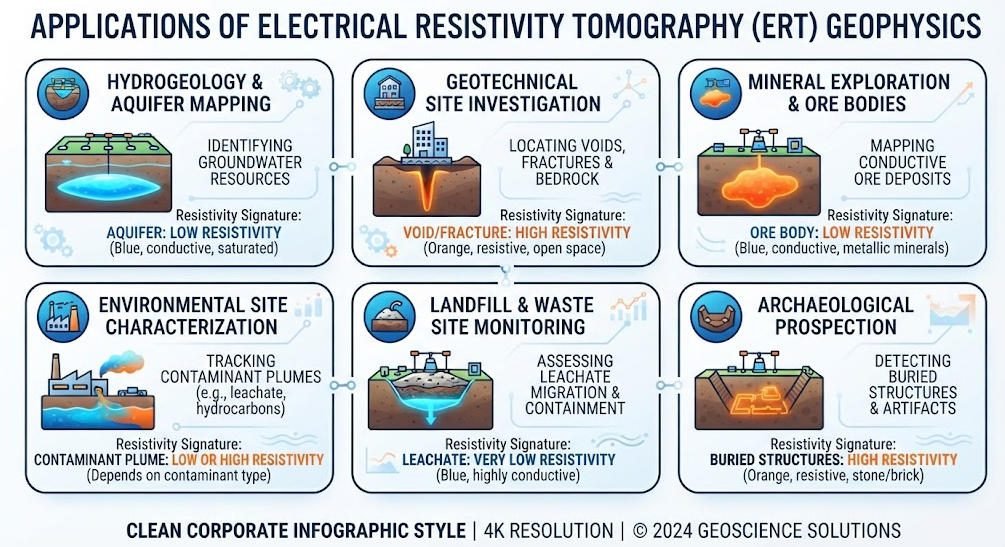Infographic showing ERT geophysics applications across six disciplines: hydrogeology, environmental, mining, engineering, archaeology and geothermal