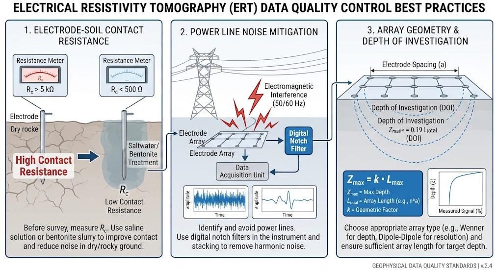 Technical diagram showing ERT geophysics data quality factors: electrode contact resistance, noise sources and array geometry optimization