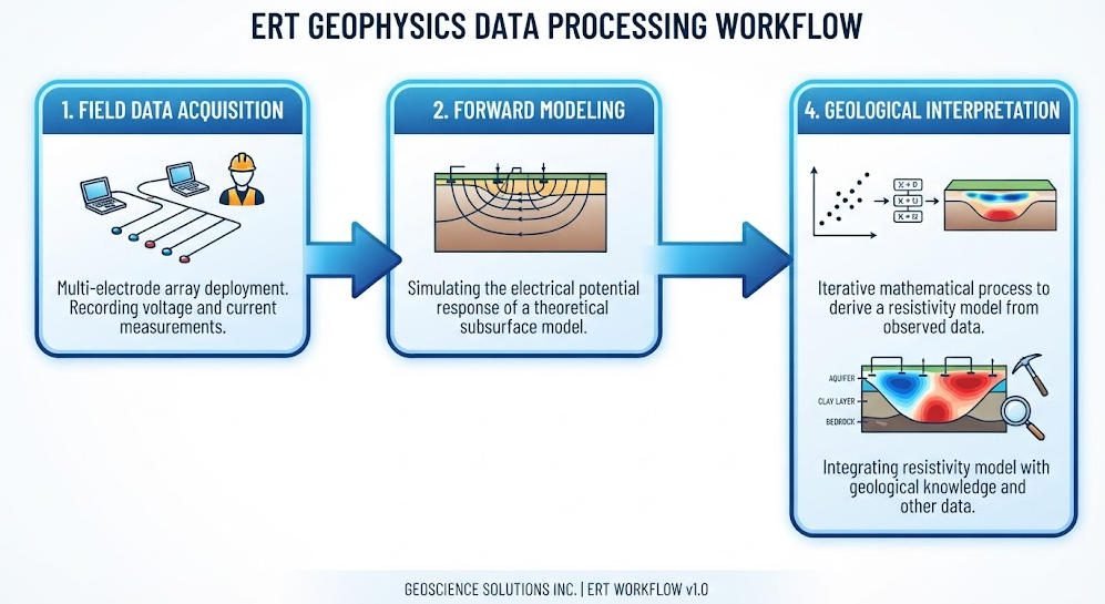 Workflow diagram showing ERT geophysics data processing from field acquisition through forward modeling to resistivity inversion